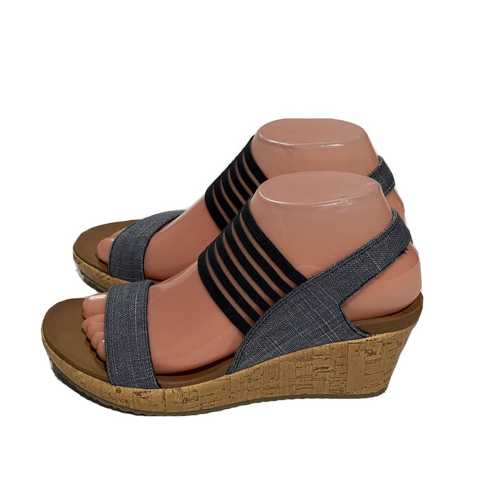 SKECHERS Navy Blue Luxe Foam Strapped Wedge Sandal Sz 7 M Sling Back Ankle Strap